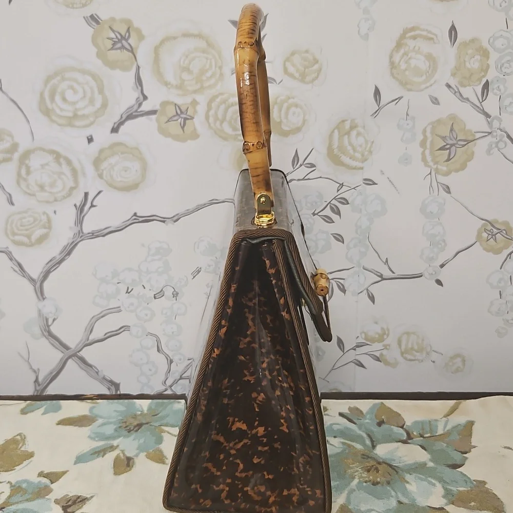 Chic Brown Patterned Satchel with Bamboo Handle - Picture 2 of 11